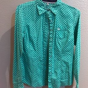 Cinch button down shirt. Aqua with purple details.